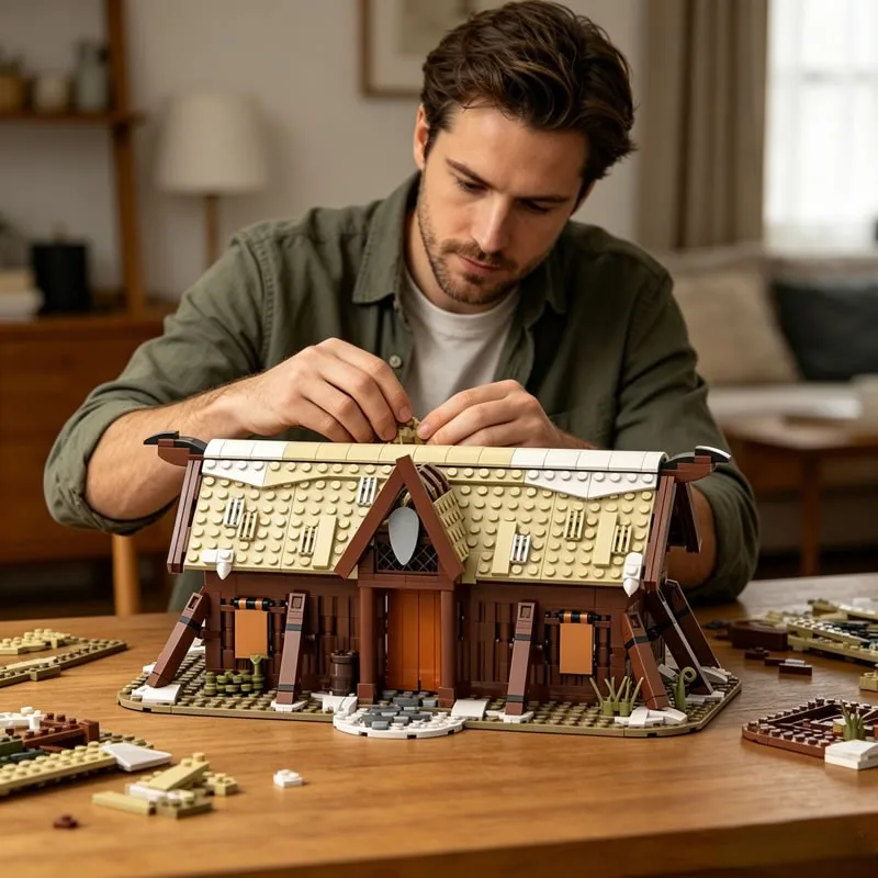 MOC Medieval Nordic Viking Longhouse Building Bricks Family Hut Rustic Timber Architecture House Bricks DIY Collectible Toy Gift