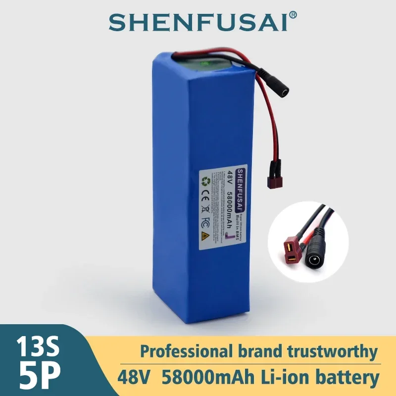 2024 New 18650 lithium battery pack, 48V/58Ah 13S5P with 54.6V 2A charger, suitable for bicycles, scooters and bicycles