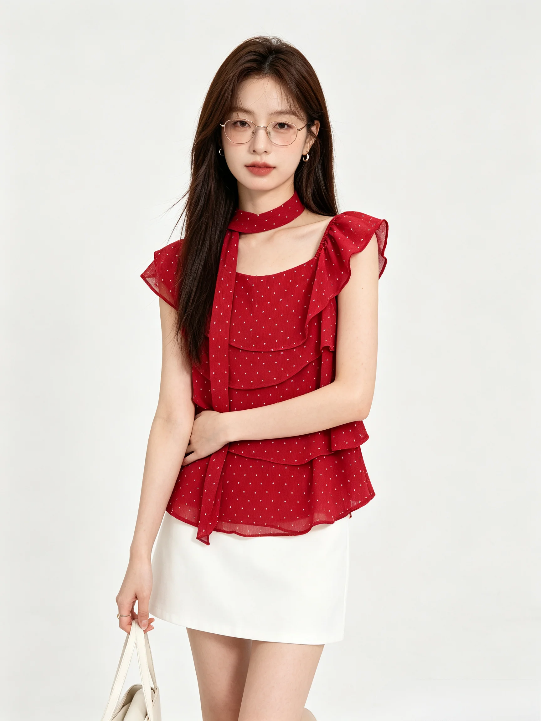 Chic Polka Dot Ruffle Sleeve Shirt Short Korean Style Breathable Skin-Friendly Summer Fashion Women's Top Slimming Effect