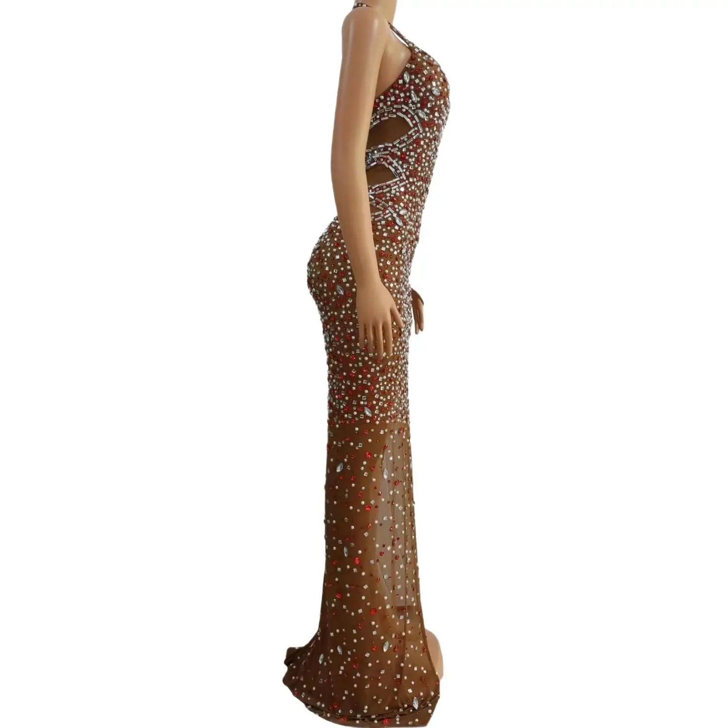 Hongdian Luxury Nude Mesh Red Silver Rhinestone Halter Neck Maxi Dress with Slit for Women Formal Prom Gala Evening Party