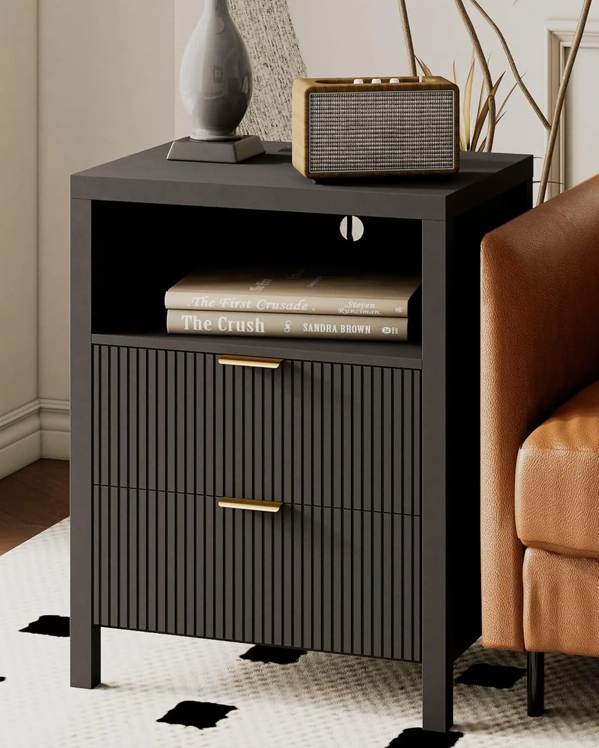 

Night Stand with Charging Station, 2 Drawers Modern Bedside Tables with Storage, Fluted Nightstand for Bedroom and Living Roo