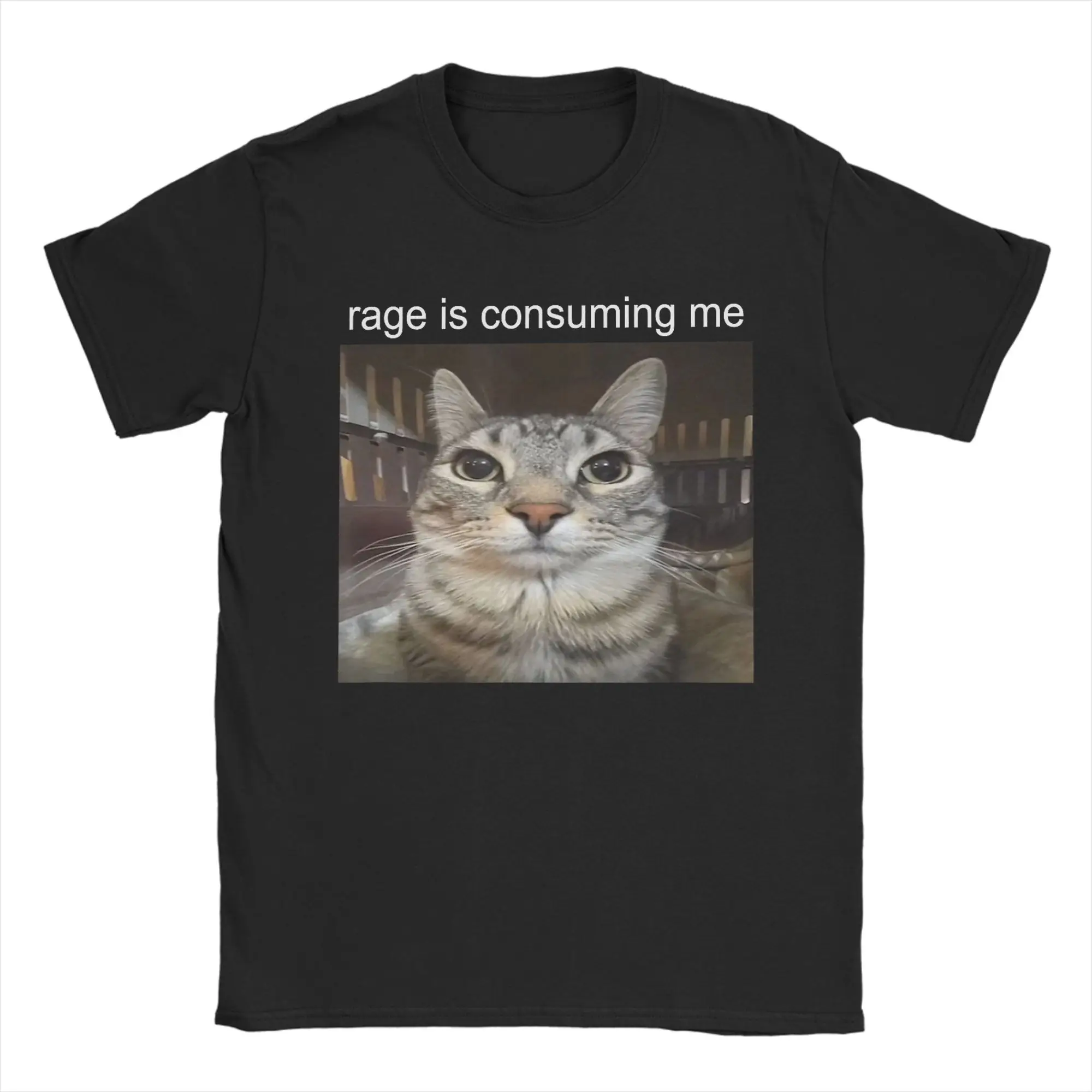 Funny Rage is Consuming Me Silly Staring Cat Meme T-Shirt Men Crewneck Pure Cotton T Shirt  Short Sleeve Tees Printed Clothes