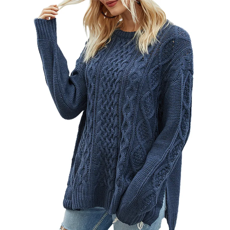 Jersey holgado informal de punto para mujer, conjunto de ropa superior con abertura de Cable y cuello redondo, otoño e invierno, novedad de 2023
