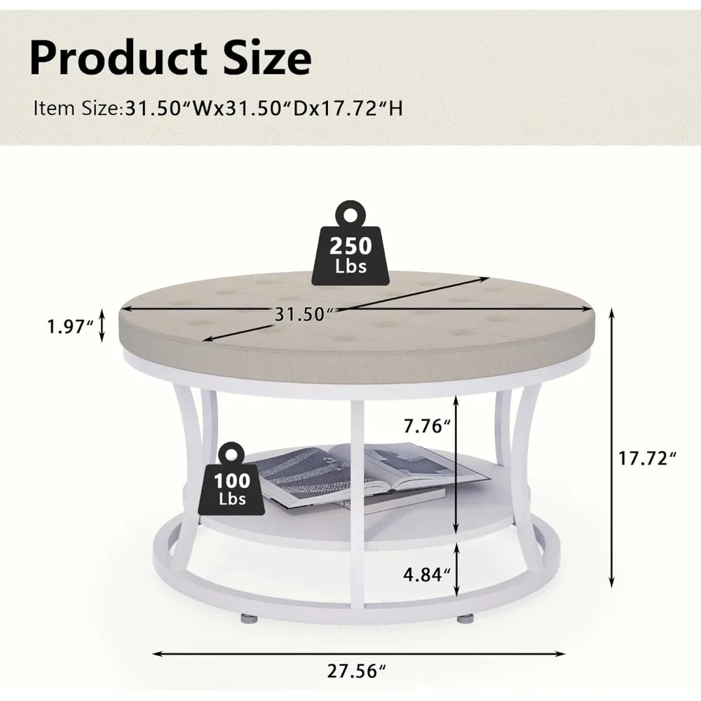 Large Round Storage Ottoman with Upholstered Button Tufted Linen Fabric and Metal Frame