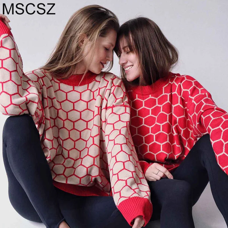 MSCSZ Fashion Geometric Printed Woman Sweater 2024 Crew Neck Long Sleeve Oversized Sweater Pullover Autumn Winter Long Sweaters