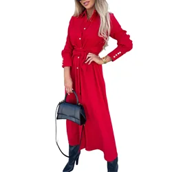 Autumn Winter Fashion Women's New Solid Color Long-sleeved Lapel Button All-match Long Shirt Dress Party Office 2024