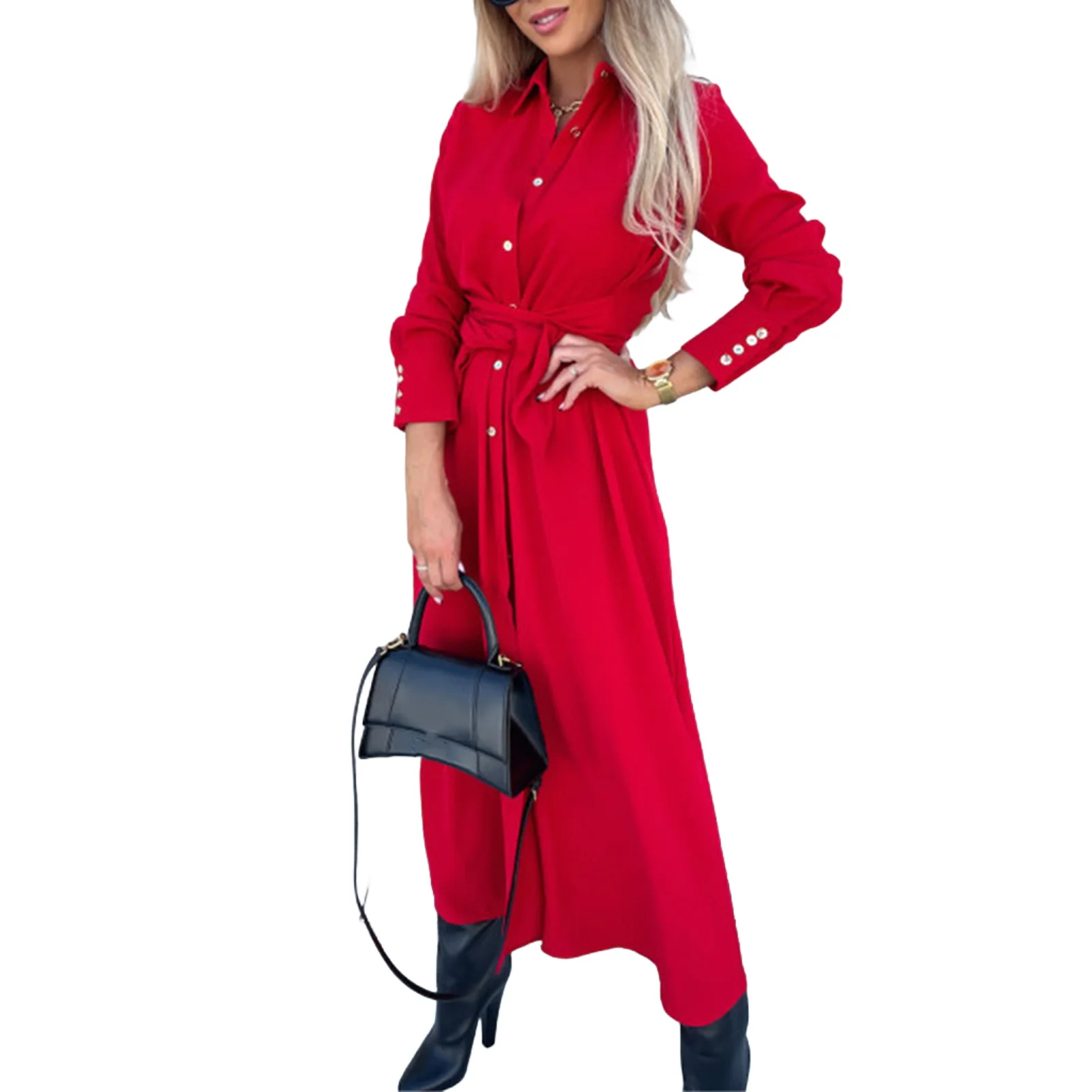 Autumn Winter Fashion Women's New Solid Color Long-sleeved Lapel Button All-match Long Shirt Dress Party Office 2024