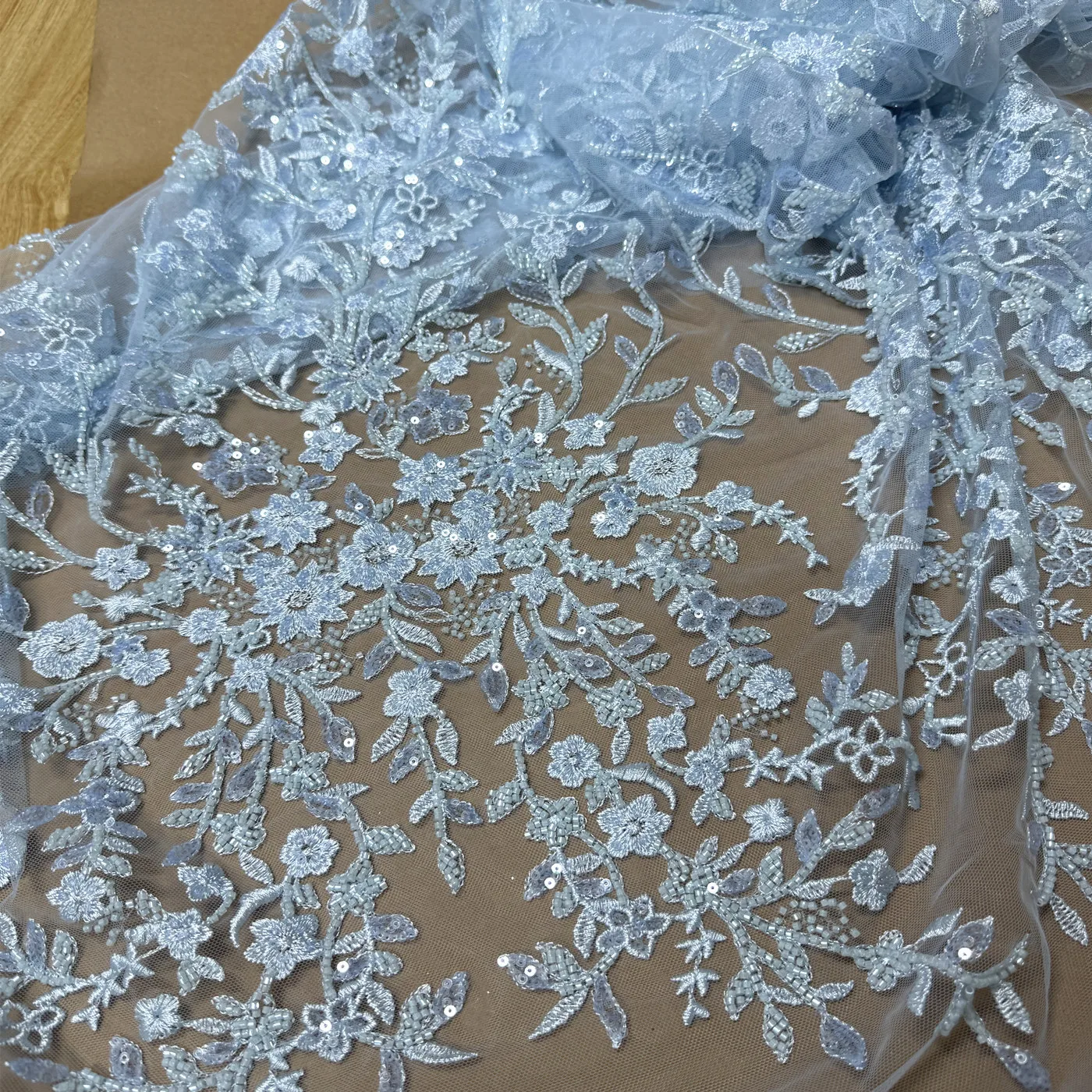 Pink and blue lace nail bead three-dimensional flower DIY wedding dress fishtail dress lace mesh fabric for clothing