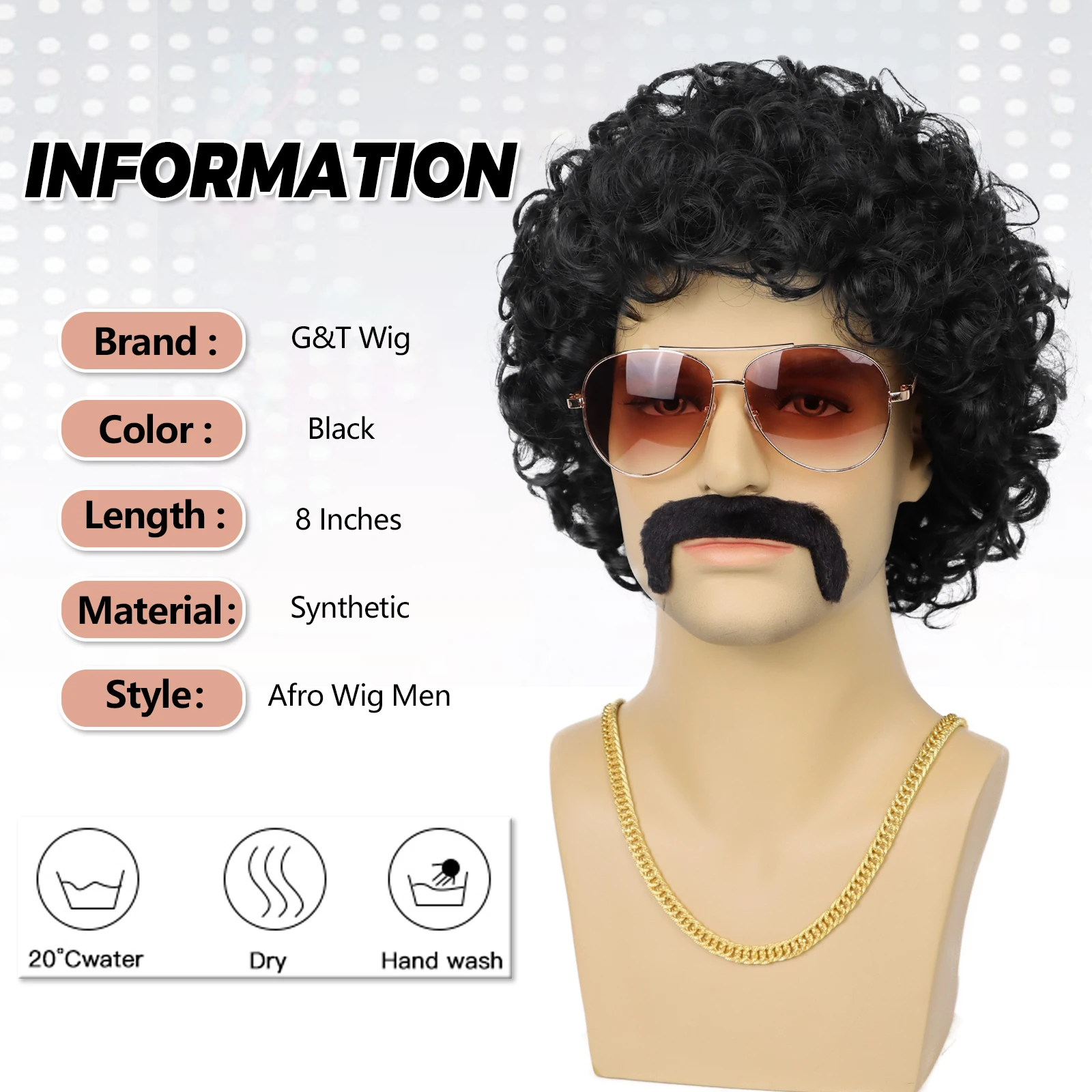 شعر مستعار ديسكو مع نظارات شارب ، عقد ذئب صناعي ، سلسلة ذهبية ، شعر صناعي مجعد قصير ، هزاز أفريقي للرجال ، 70s ، 80s ، 5 Set #2