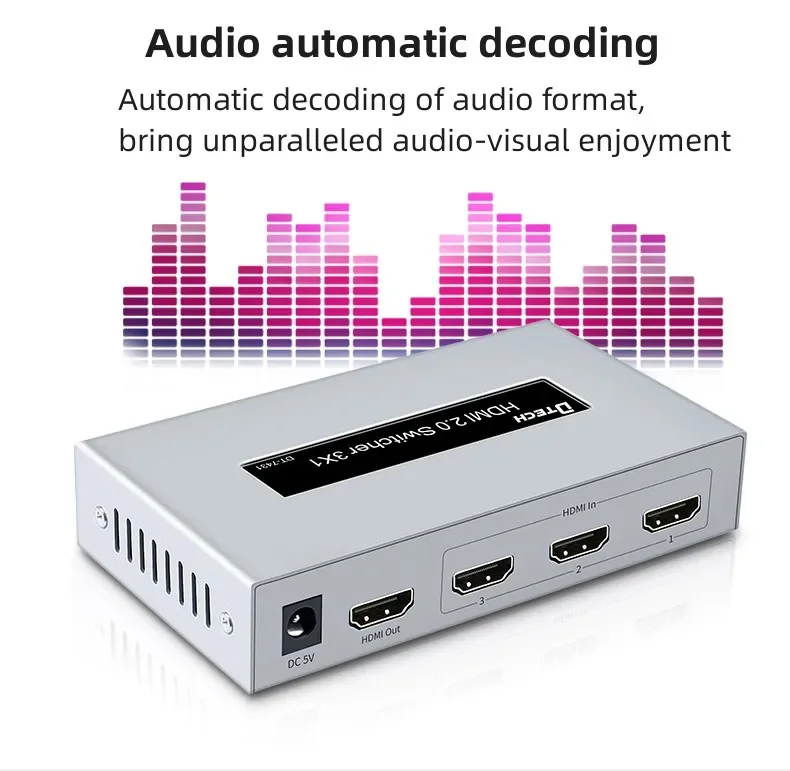 DTECH 3 Ports 1080P Screen Multiviewer Displayport Zero Delay 3x1 HDMI 2.0 Switcher