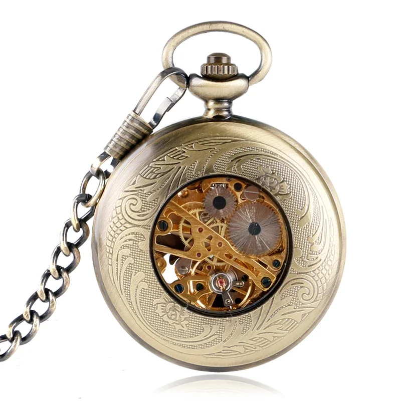 Bronze Hand-wind Mechanical Pocket Watch for Men Women Hollow Phoenix Design Roman Numeral Dial with Pendant Chain Clock