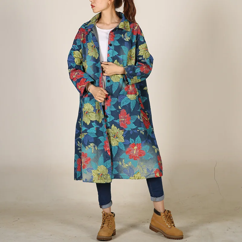 Print Denim Windbreaer 2023 New Spring Autumn Arts Style Women Loose Trench Single Beasted Pocket Cotton Long Sleeve Denim Coat