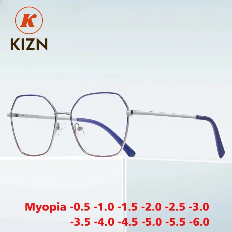 

KIZN Anti-Blue Light Myopia Optics Glasses Frame NEW Alloy Retro Photochromic Women Men Prescription Eyewear -0.50 to -10