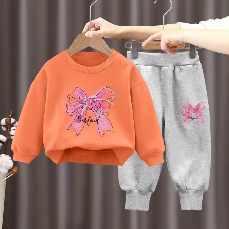 Autumn Baby Girl Boy Clothes Set Children Bow Cartoon Printing Sweatshirt Top and Pants Bottom 2 Piece Suit Kid Tracksuit