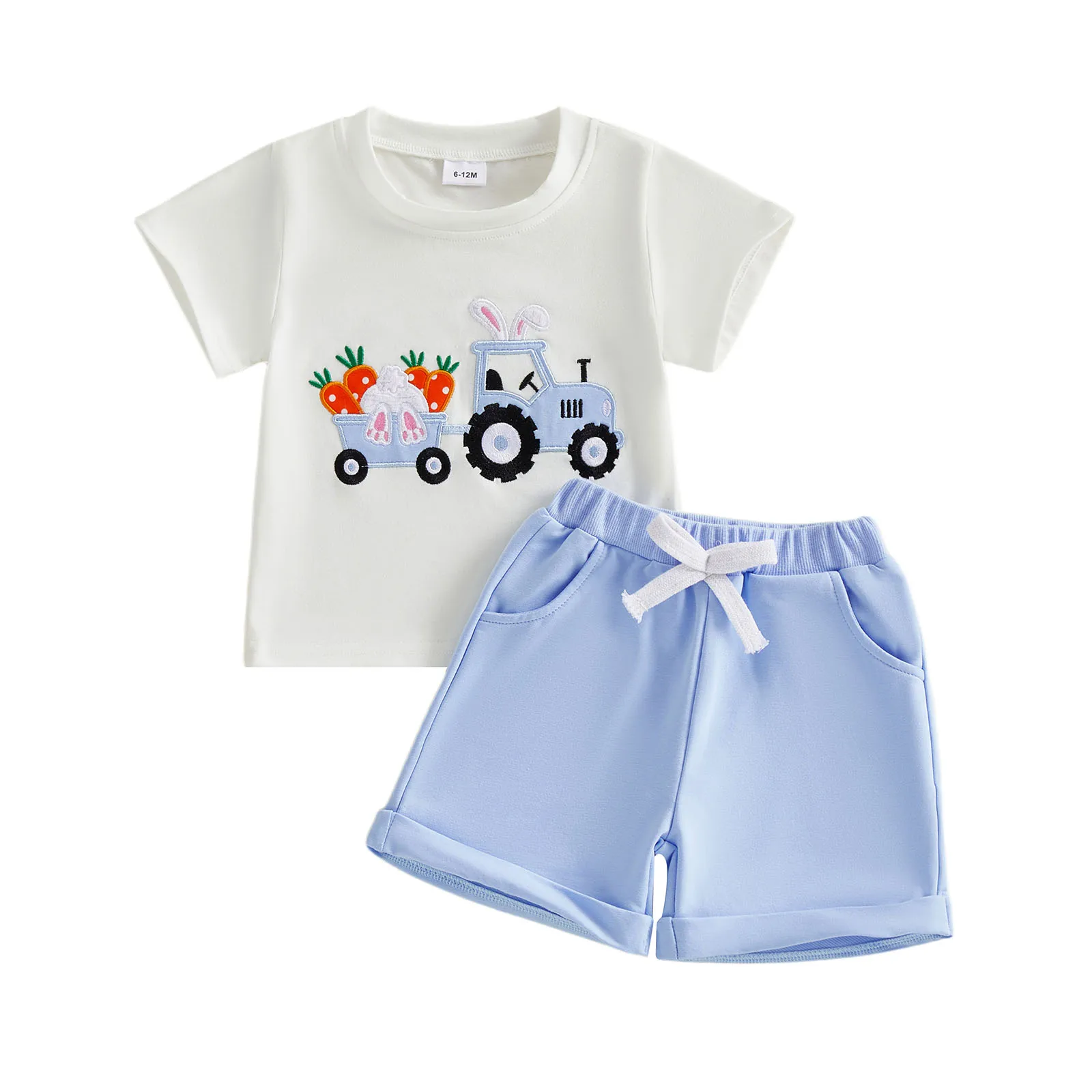 2Pcs Baby Boy Easter Outfits Short Sleeve Tractor Embroidery T-Shirt Shorts Set Toddler Clothes