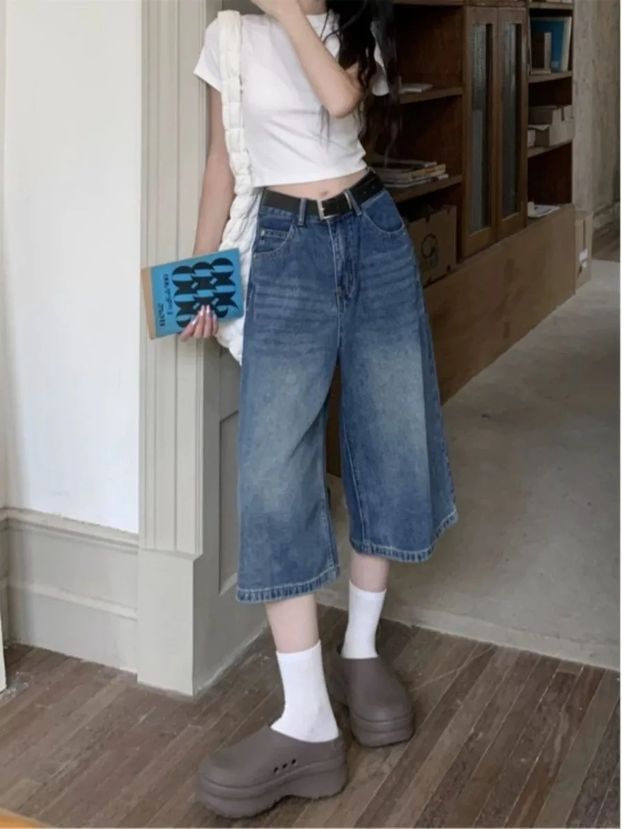 

American Retro Denim Jeans Women Summer Large Size High Waist Loose Slim Straight Leg Wide Leg Seven Foot Pants Mid-length Sm...