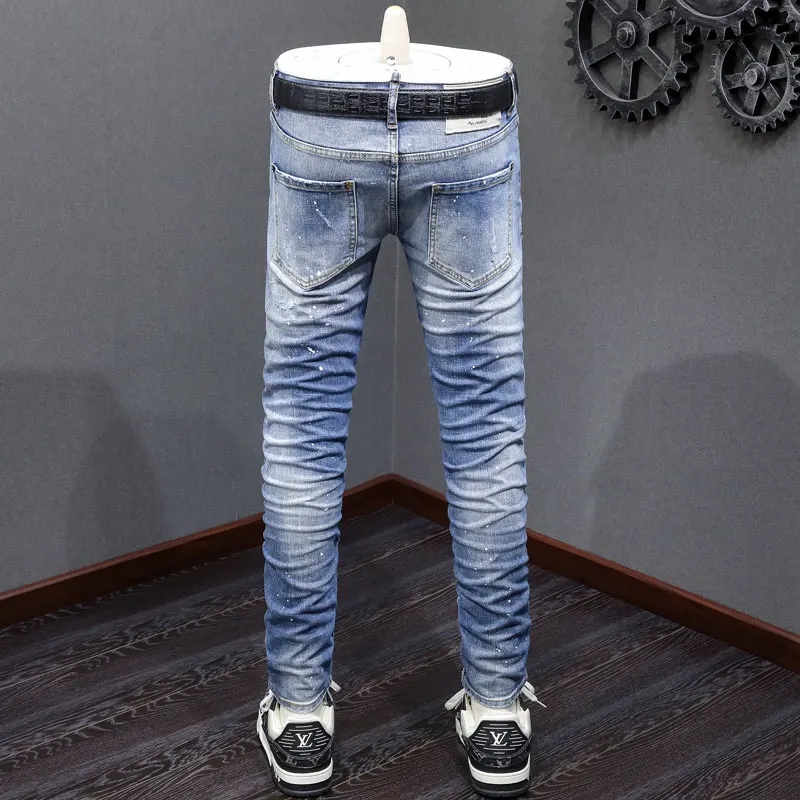 Y2K Street Fashion High Quality Men's Jeans Retro Blue Stretch Slimming Painted Ripple Jeans Men's Splicing Hip Hop Brand Design