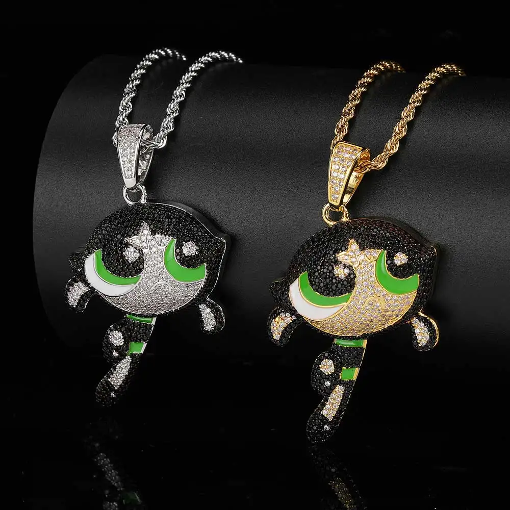 

Fashion Lovely Cartoon Jewelry AAAAA CZ Bling Iced Out Pink/Blue/Green Girls Necklace Kids Cartoon Hip Hop Necklace Pendant