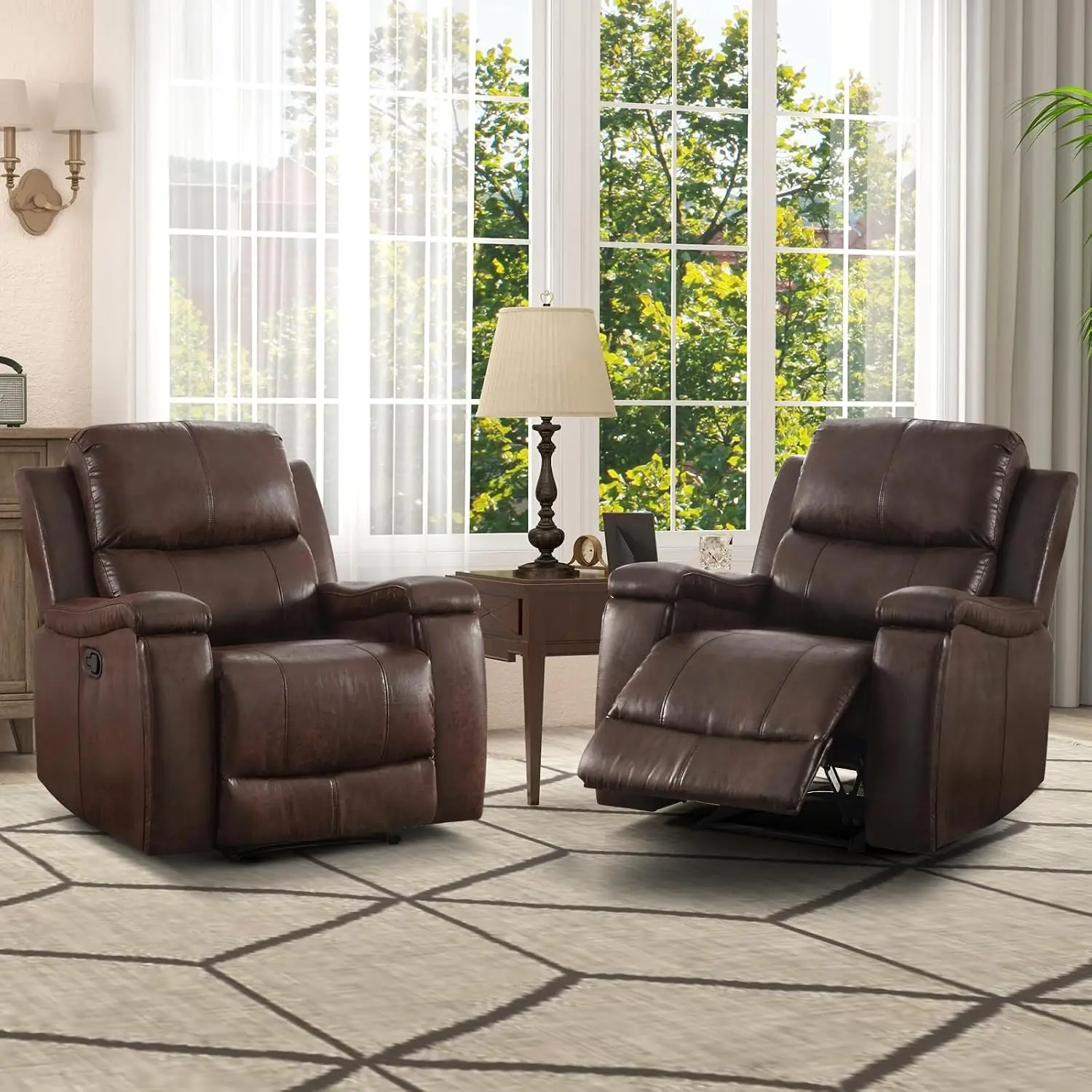 Manual Recliner Chair Set of 2 Classic Overstuffed Arms Back Concealed Cup Holders Single Sofa Red Brown, Customized