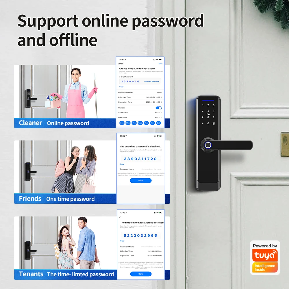 Digital Electronic Door Lock com Tuya, Wi-Fi, Smart Biometric, Fingerprint Keypad, Código do Cartão, Casa, Airbnb, Hotel Porta De Madeira