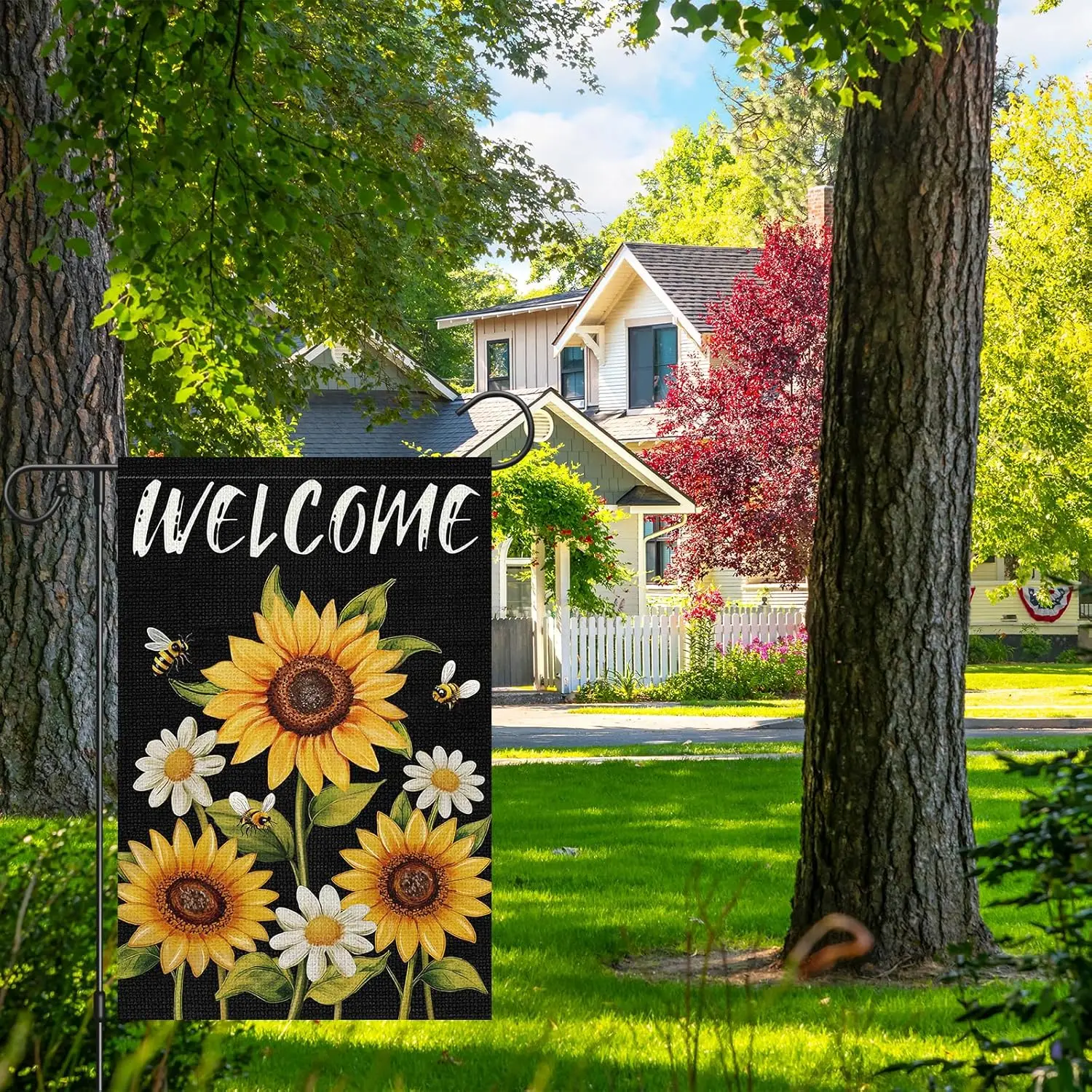 Heyfibro Spring Summer Welcome Garden Flag 12x18 Double Sided Burlap, Bee & Daisy Sunflower Yard Banner for Rustic Seaso LLX PPM
