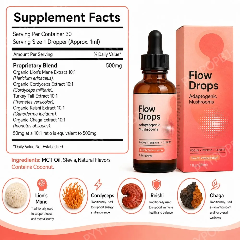 Mushroom Extract Liquid Drops with Lion‘s Mane, Cordyceps  Reishi Plant-Based Wellness Peach Watermelon Flavor 30ml