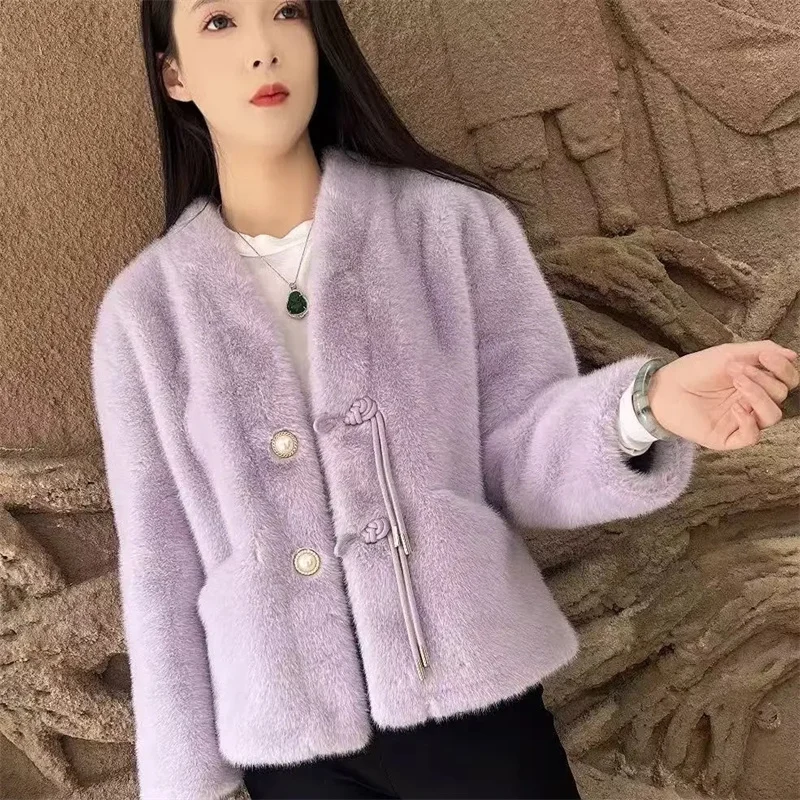 ใหม่เสื้อขนสัตว์หญิงฤดูใบไม้ร่วงฤดูหนาว 2025 คุณภาพสูง Mink Velvet แจ็คเก็ตผู้หญิง V คอเสื้อขนสัตว์แฟชั่น Outwear เสื้อสเวตเตอร์ถัก Overwear
