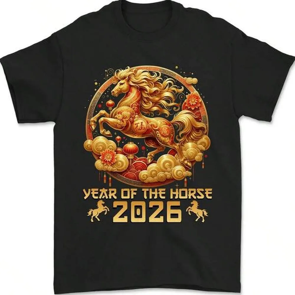 180GSM Pure Cotton 2026 Year Of The Horse Chinese Zodiac New Year Festive Unisex Graphic Tee Soft Stain Resist Cultural Holiday Gift Casual T Shirt