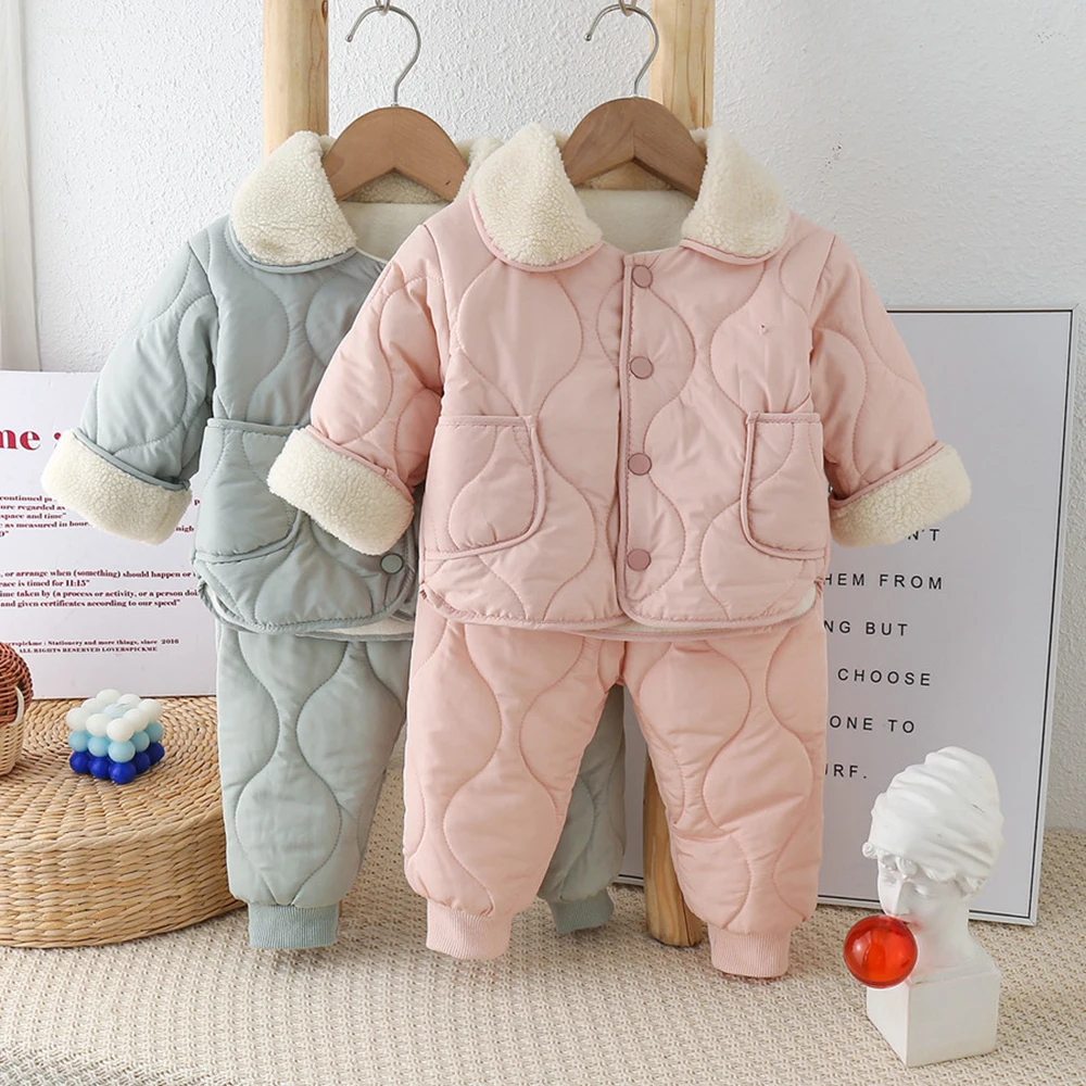 Winter Kids Cotton Padded Coats Thick Warm Children Clothes Sets Kids Velvet Single-breasted Quilted Jackets+Pants 2Pcs Suits