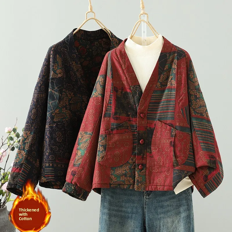 

Свободный крой с цветочным принтом, открытый кардиган, хлопковое тюре, женское художественное пальто больших размеров, теплое зимнее пальто с наполнителем из полиэстера