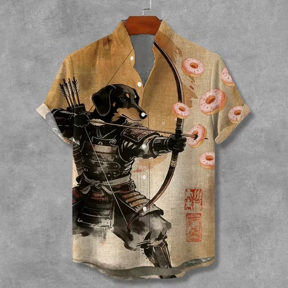 

Men's casual shirt, Japanese samurai dachshund archer and donut print, short sleeved stand up collar breathable street shirt
