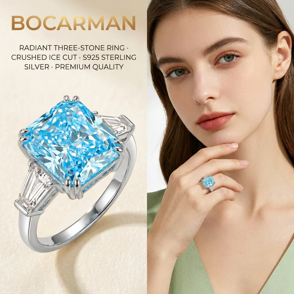 S925 Sterling Silver Explosion Flash Ice Cutting Rectangular Ice Blue Zircon Ring High Carbon Diamond Simple Ring Women Gifts