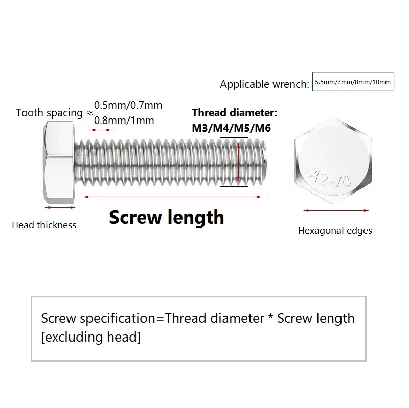 M3 M4 M5 M6 304 Stainless Steel Hex Head Bolts 500h Salt Spray Passivation Hex Bolts Long Screws