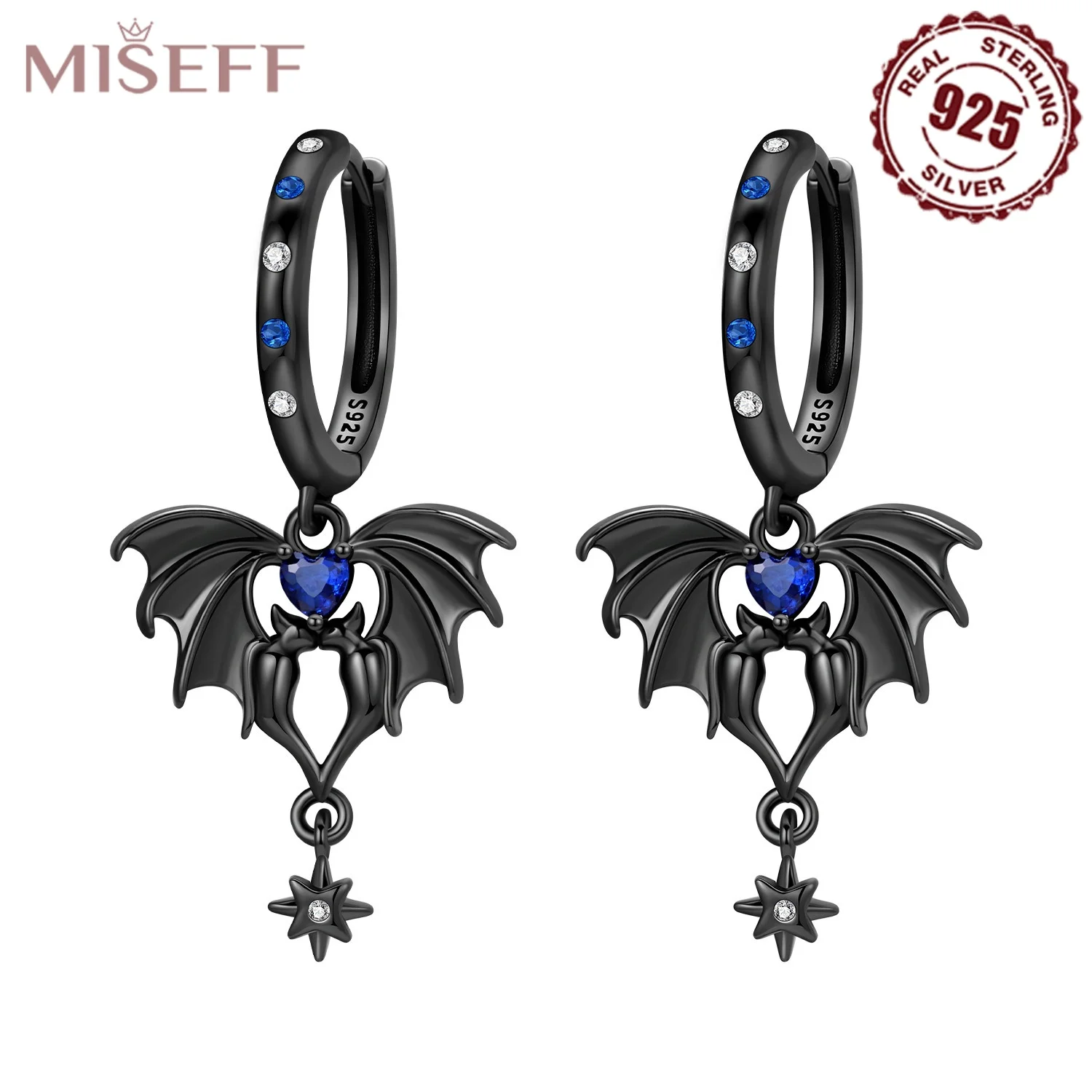 MISEFF S925 Sterling Silber Halloween-Ohrringe, einzigartiges Kreuz, schwarze Fledermaus, gruselige Ohrringe, Halloween-Party-Schmuck, Geschenk für Frauen