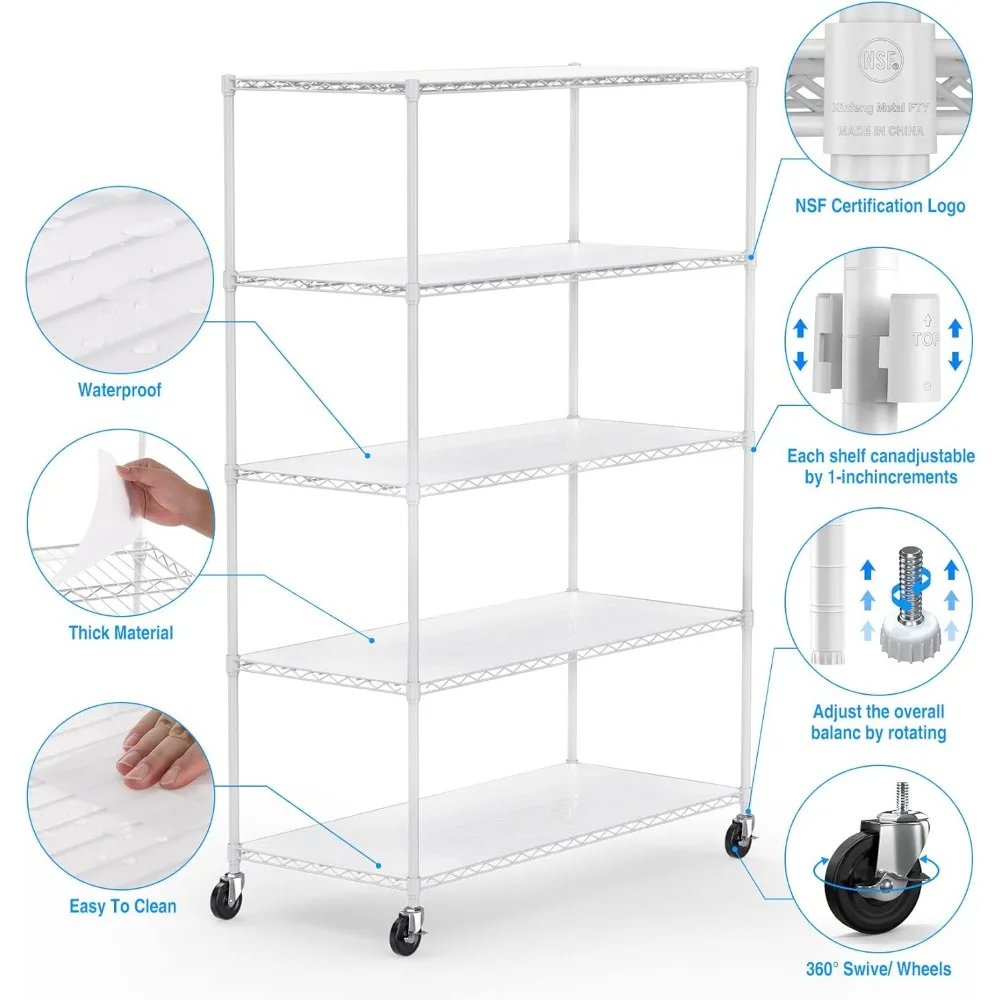 Unit rak kawat rak logam NSF 5 tingkat, rak penyimpanan tugas berat 6000lbs, rak penyimpanan yang dapat disesuaikan, 82 "H x 48" L x 24 "d-putih