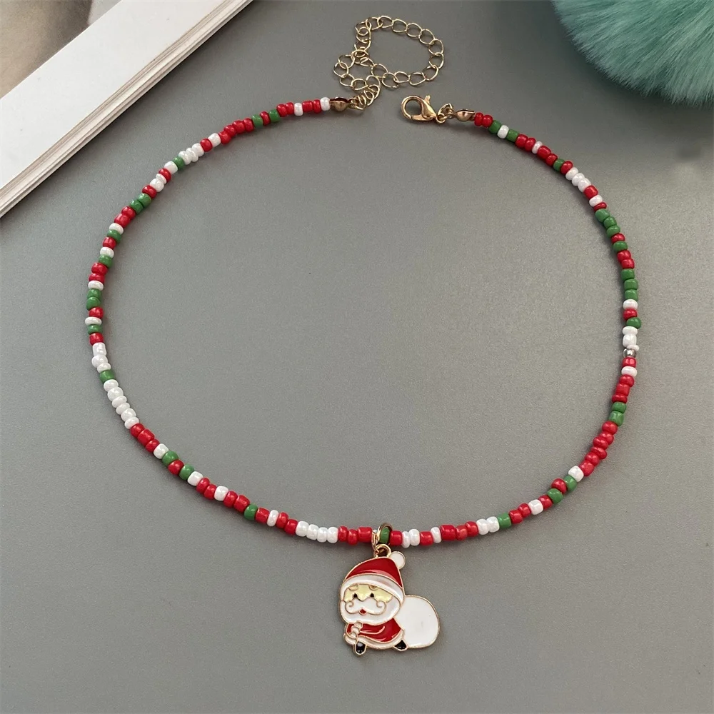 Christmas Necklaces for Women Girls Handmade Rice Beads X'mas Tree Santa Claus Snowman Gift Necklace Pendant New Year Jewelry