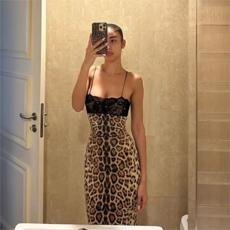 

Dress For Women New Fashion Sexy Leopard Print Sequin Suspender Slit Lace Splicing Summer Elegant Package Hip Spaghetti Strap