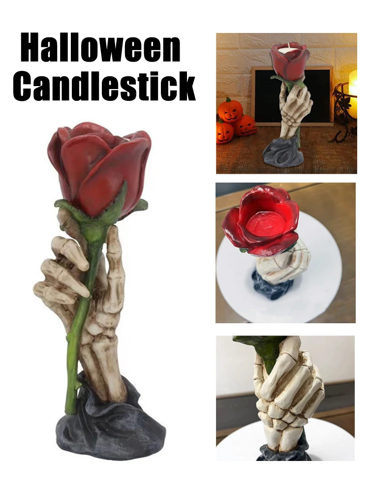 Halloween Candlestick Gothic Ghost Holding Candlestick, Halloween Theme Decoration Prop, Skeleton, Long Rod Candle Base