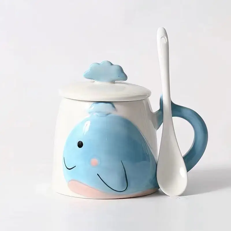 Creative and Cute Whale Water Cup Simple Cartoon Mug Couple Large Capacity Cup High Beauty Value Spoon with Lid