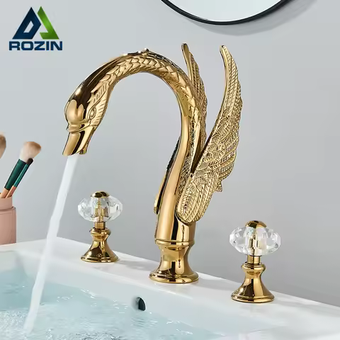 Luxury Golden Swan Shape Basin Tap Dual Crystal Handle Deck Mount Bathroom Mixer Taps Widespread Hot Cold Water Mixer Valve Tap