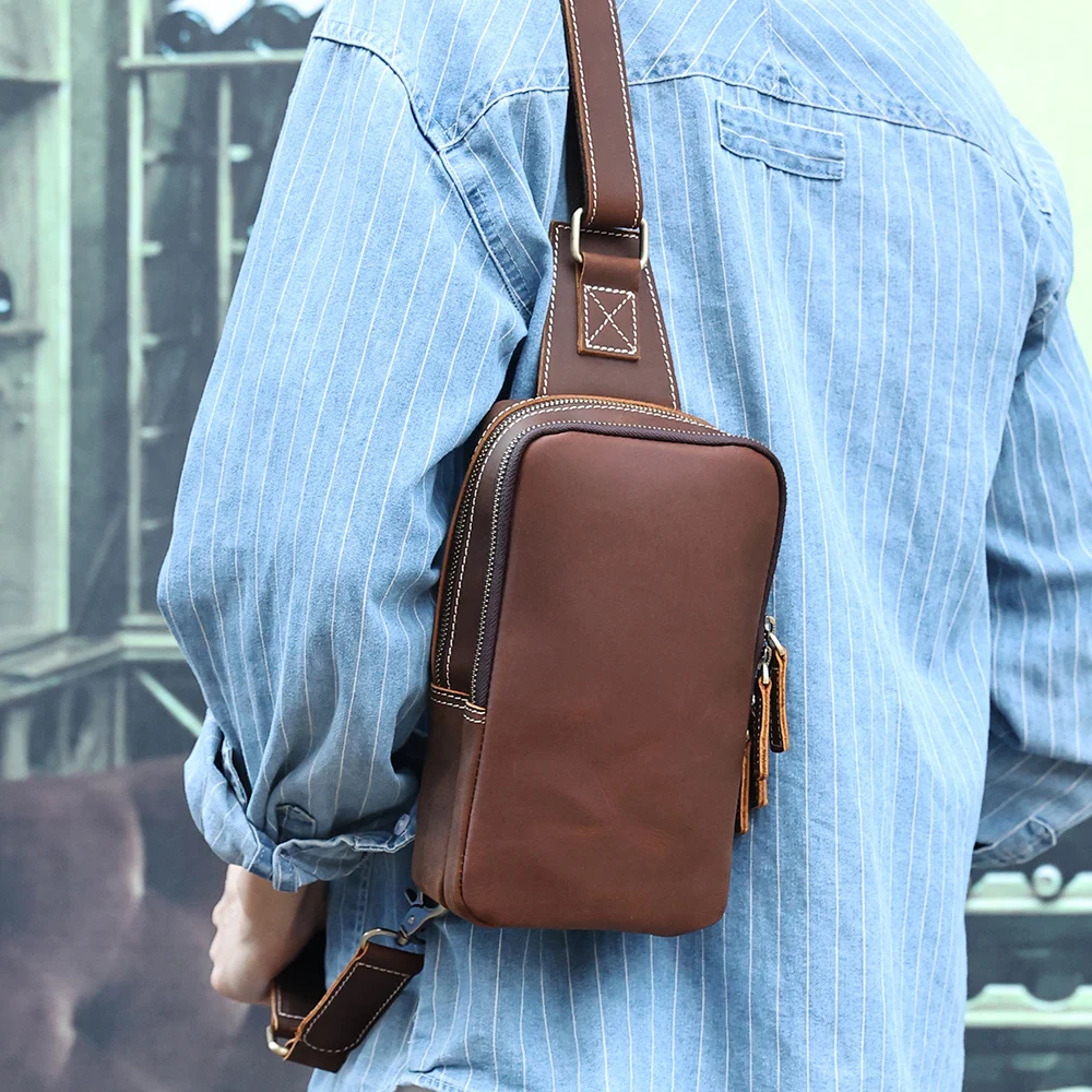 

JOGUJOS Men's Sling Bag Genuine Crazy Horse Leather Shoulder Travel Hiking Chest Pack Vintage Male Crossbody Bags for Man