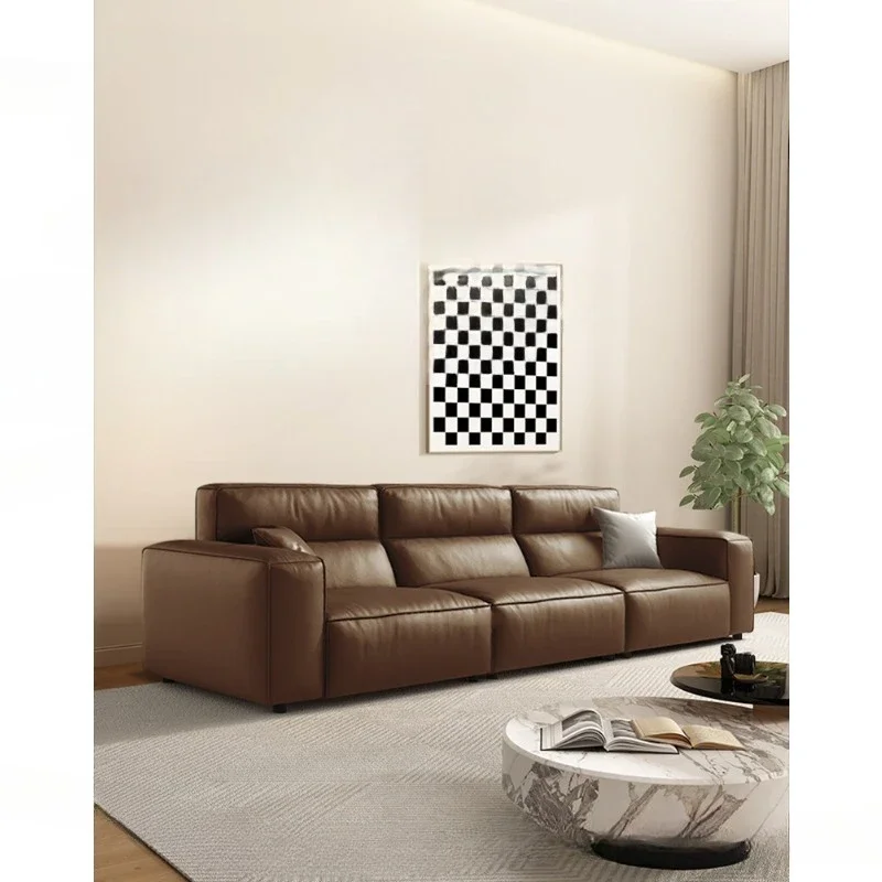 

Italian high backrest full leather sofa first layer cowhide living room simple straight row tofu square leather art