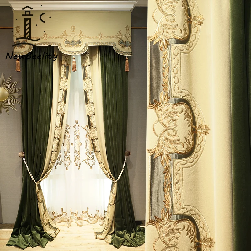 

American Dark Green European Velvet Curtain Luxury Valance Curtains for Living Dining Room Bedroom Villa Custom Size Decoration