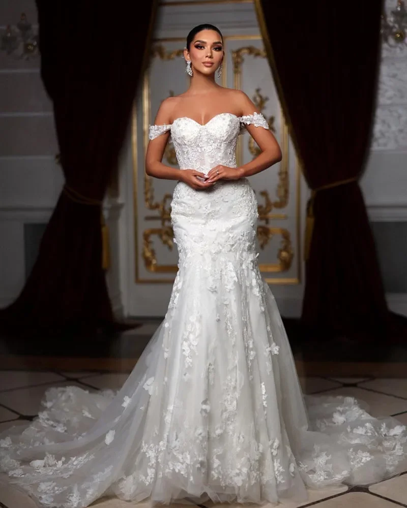 Flavinke مخصص ستة قبالة الكتف الحبيب الرقبة اللؤلؤ يزين الدانتيل زهرة حورية البحر فساتين الزفاف Vestido De Noiva