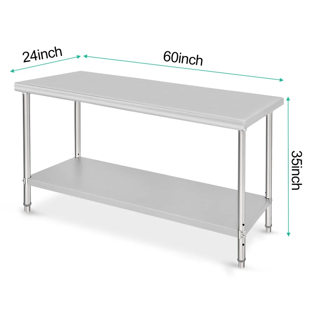 60 x 24 x 35 Inch Stainless Steel Work Table Food Prep Workbench for Kitchen, Home & Restaurant, Adjustable Feet,Silver