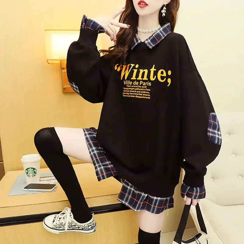 Fake Two Pieces Polo-Neck Sweatshirts Female Autumn Korean Loose Long Sleeve Tops Casual Printing Letter Patchwork Plaid Tshirt