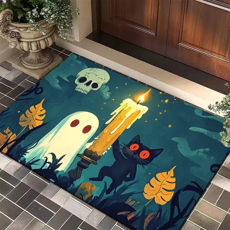 Halloween Pumpkin Lamp and Elf Small Floor Mat Decoration Bathroom Carpet Kitchen Mat Home Living Room Entrance Rug Home Decor