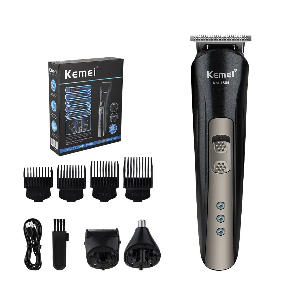 

Электрическая машинка для стрижки волос Kemei с триммером для скульптуры с масляной головкой, бритва с зарядкой через USB 3-в-1, триммер для волос в носу KM-1506, резьба по носу