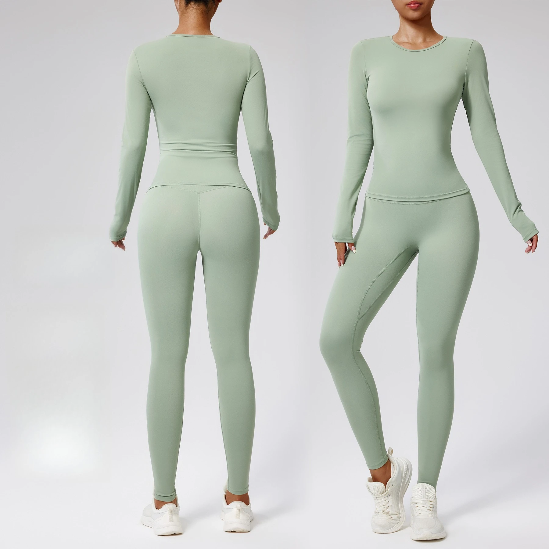 

2PCS Women Yoga Set Sportswear, Long Sleeve Crop Top with High Waist Leggings, Seamless Workout Suit, Fitness Training Gym