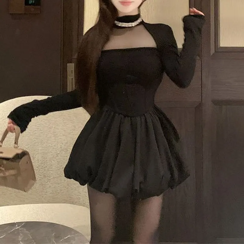 Rhinestone Half High Collar Mesh Cutout Mini Dress Women Long Sleeve Autumn Winter Patchwork Solid Color Ball Gown Short Dress